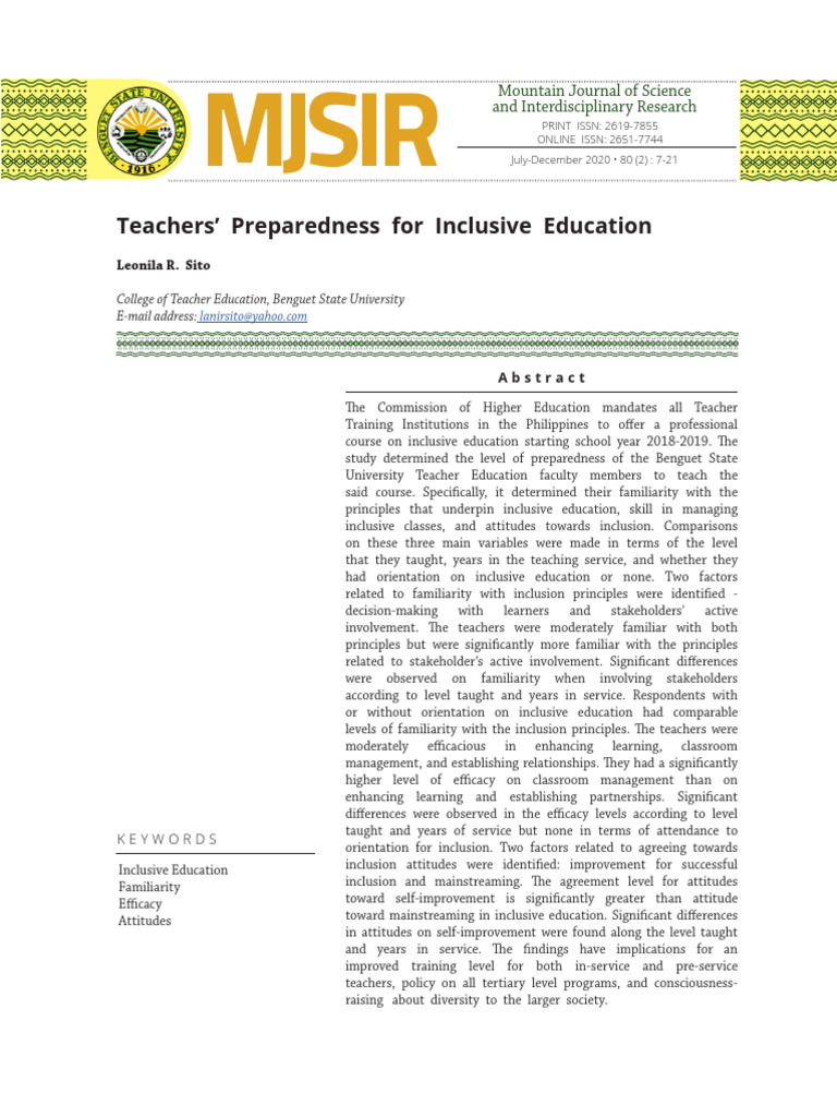 Teacher Preparedness for Inclusive Education | PDF | Inclusion ...