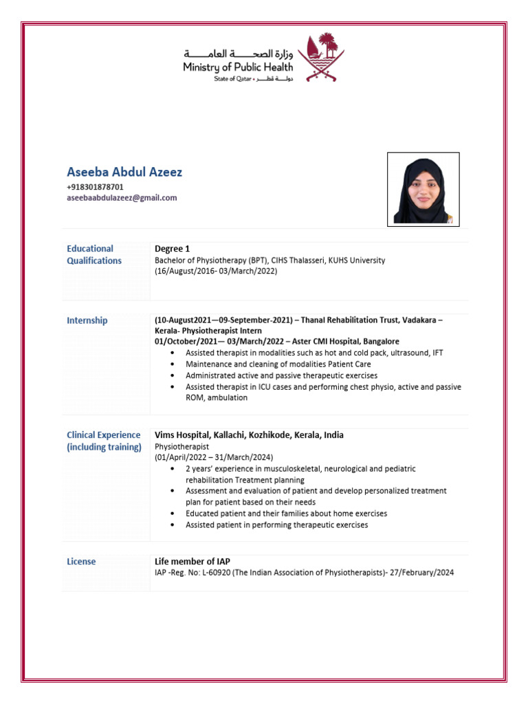 Physiotherapist Resume of Aseeba Azeez | PDF