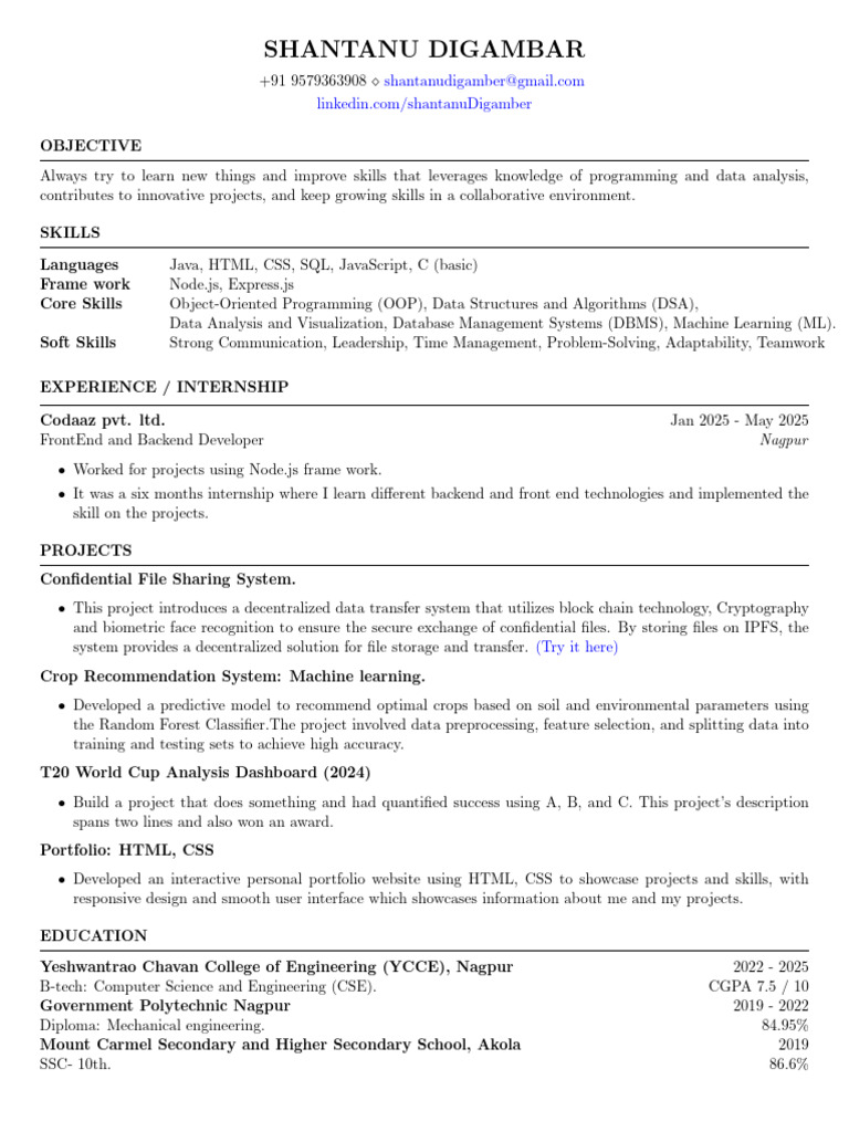FAANGPath Resume of Shantanu Digambar | PDF | Machine Learning | Object ...