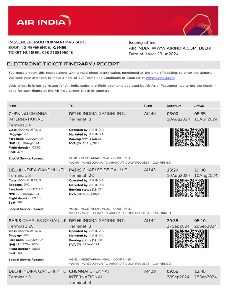 Air India Ticket Itinerary for Raju Rukmani | PDF
