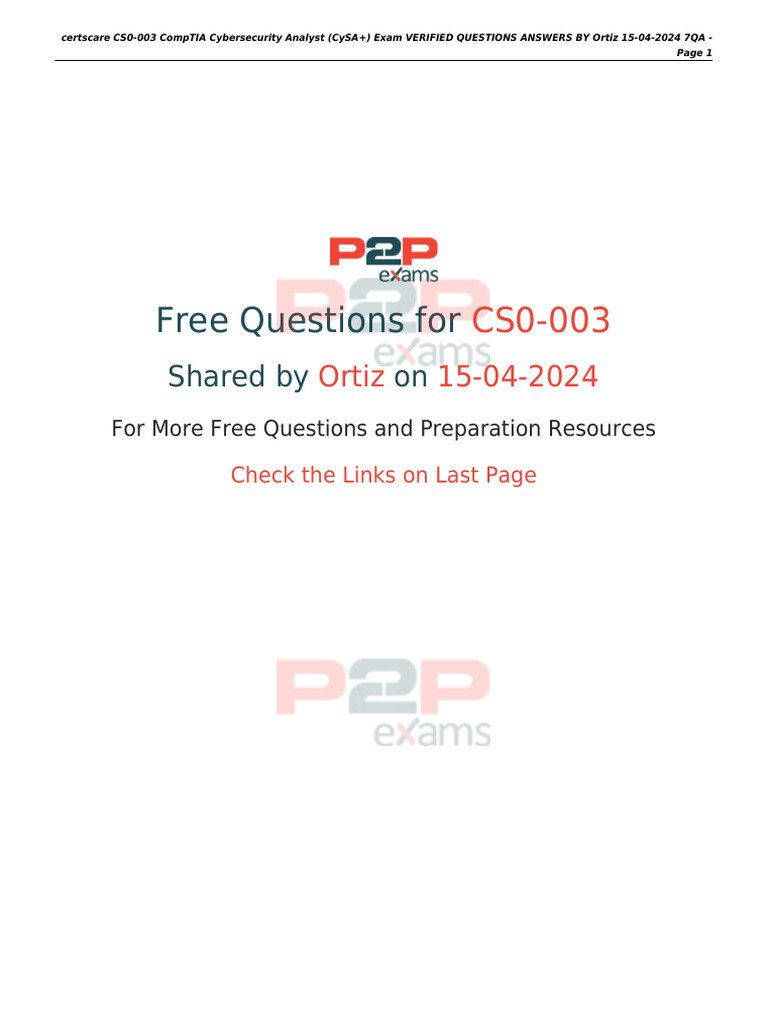 CS0-003 CompTIA CySA+ Exam Questions | PDF | Computer Security | Security