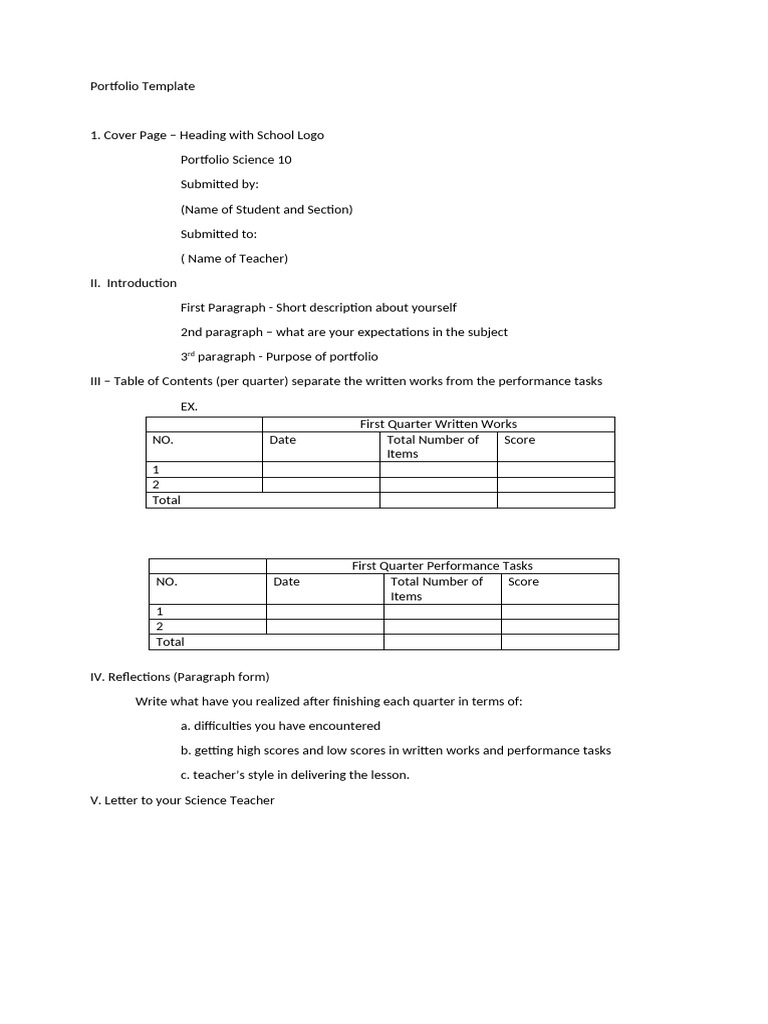 Science 10 Portfolio Template Guide | PDF