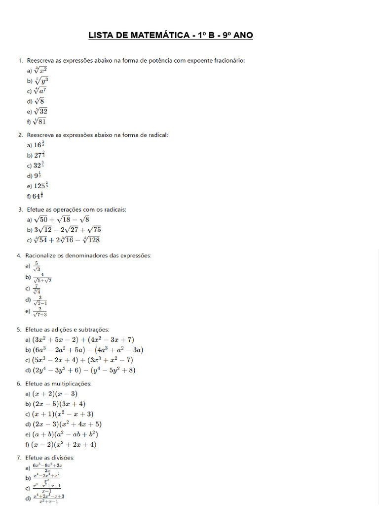 Lista de Matemática - 1º B - 9º Ano | PDF