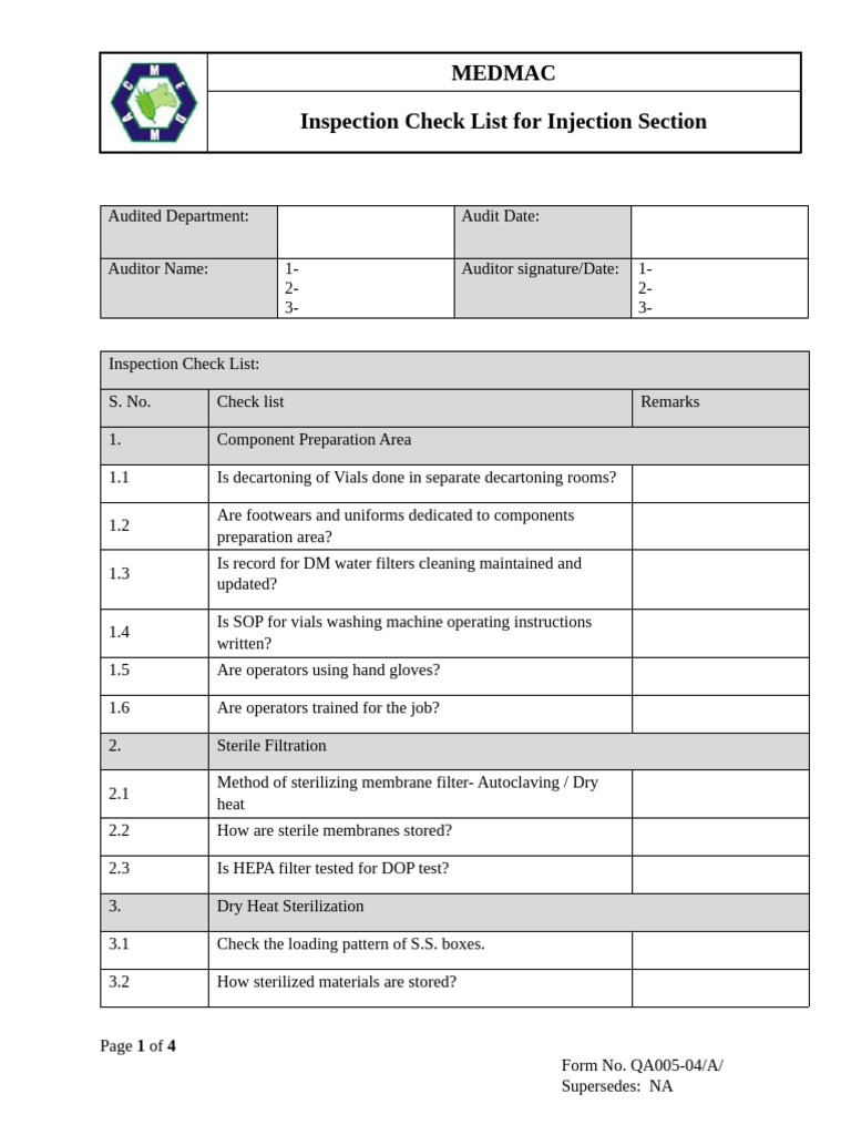 Injection Section Inspection Checklist | PDF | Sterilization (Microbiology)