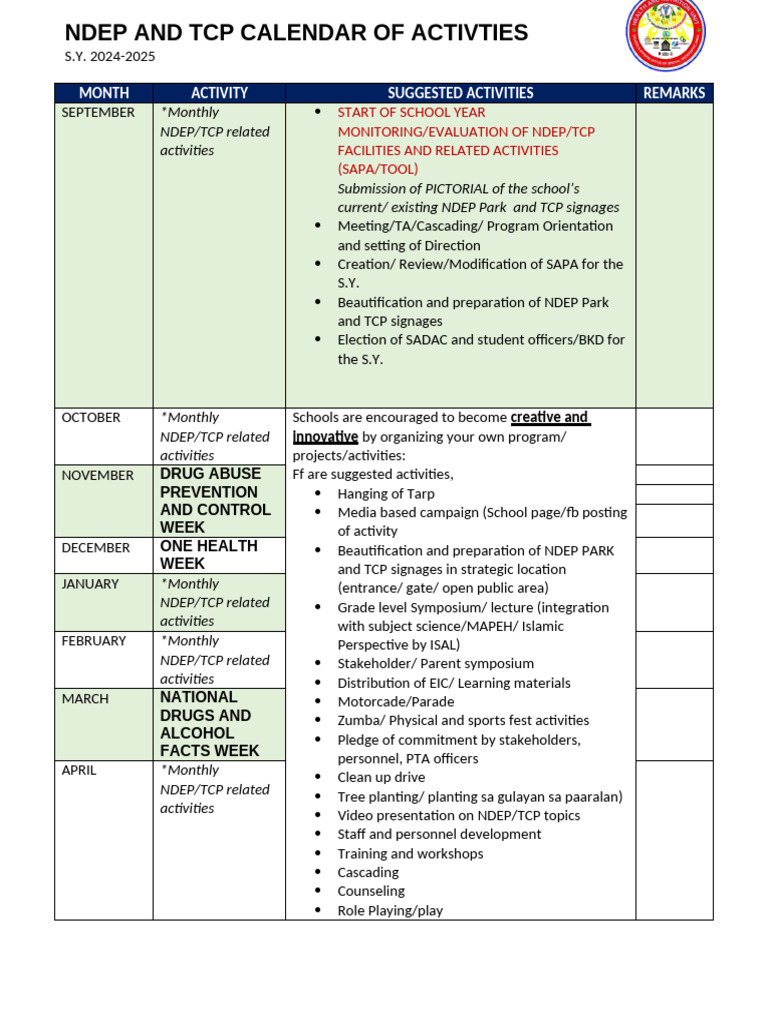 NDEP Activities Calendar 2024-2025 | PDF