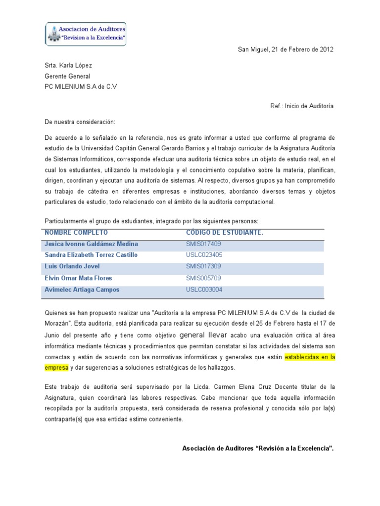Modelo De Carta De Inicio De Auditoria