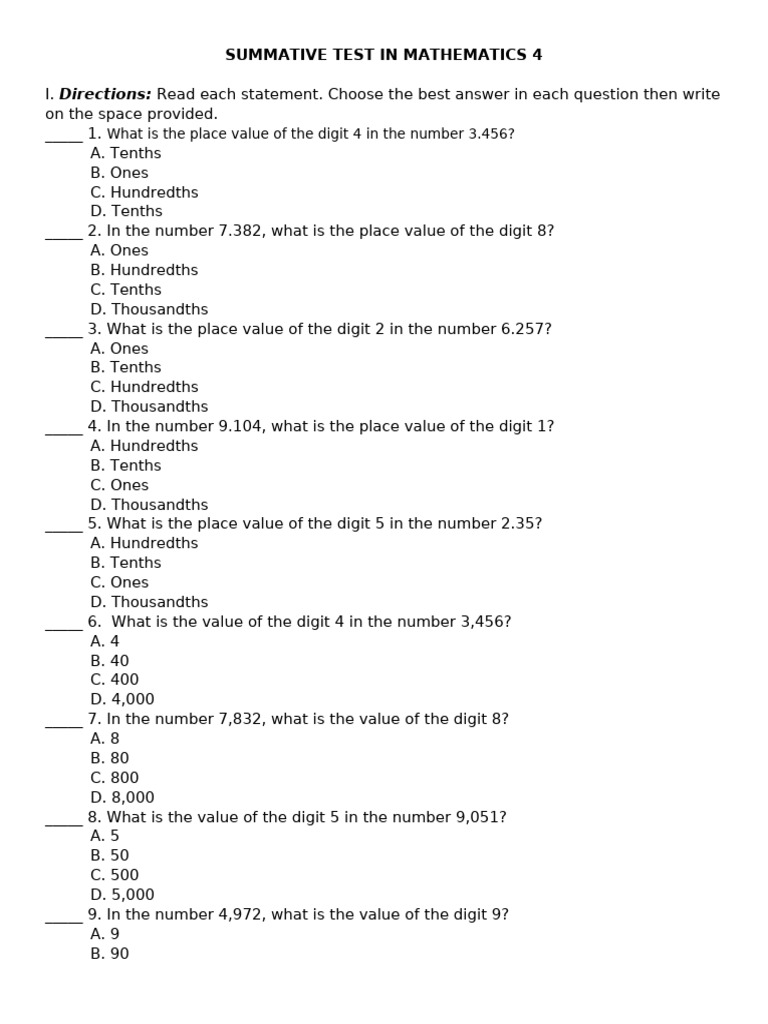 Math4 Q4 W5 6 Summative Test 3 | PDF | Decimal | Lexicology