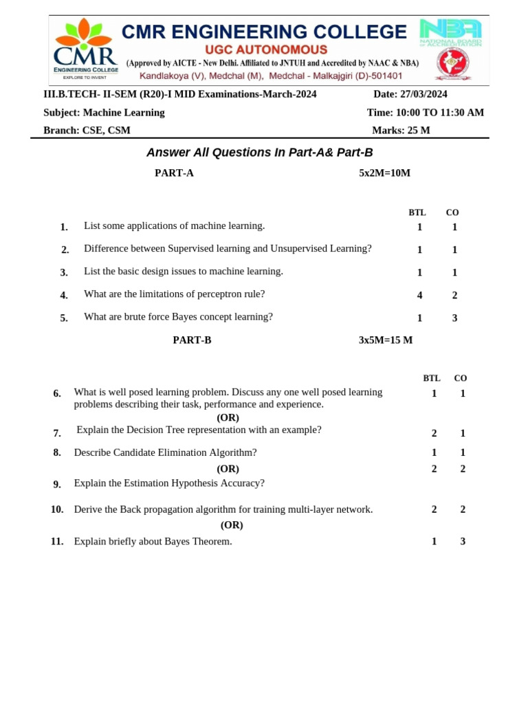 Machine Learning Mid Exam Questions | PDF
