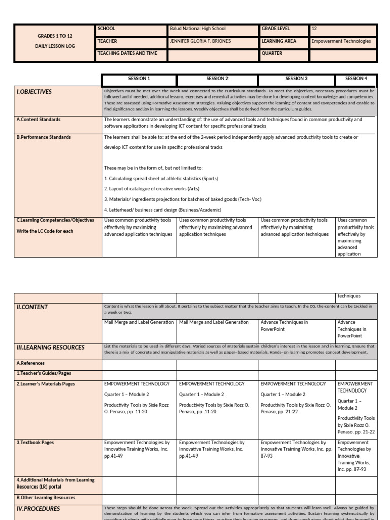 I.Objectives: Grades 1 To 12 Daily Lesson Log School Grade Level ...