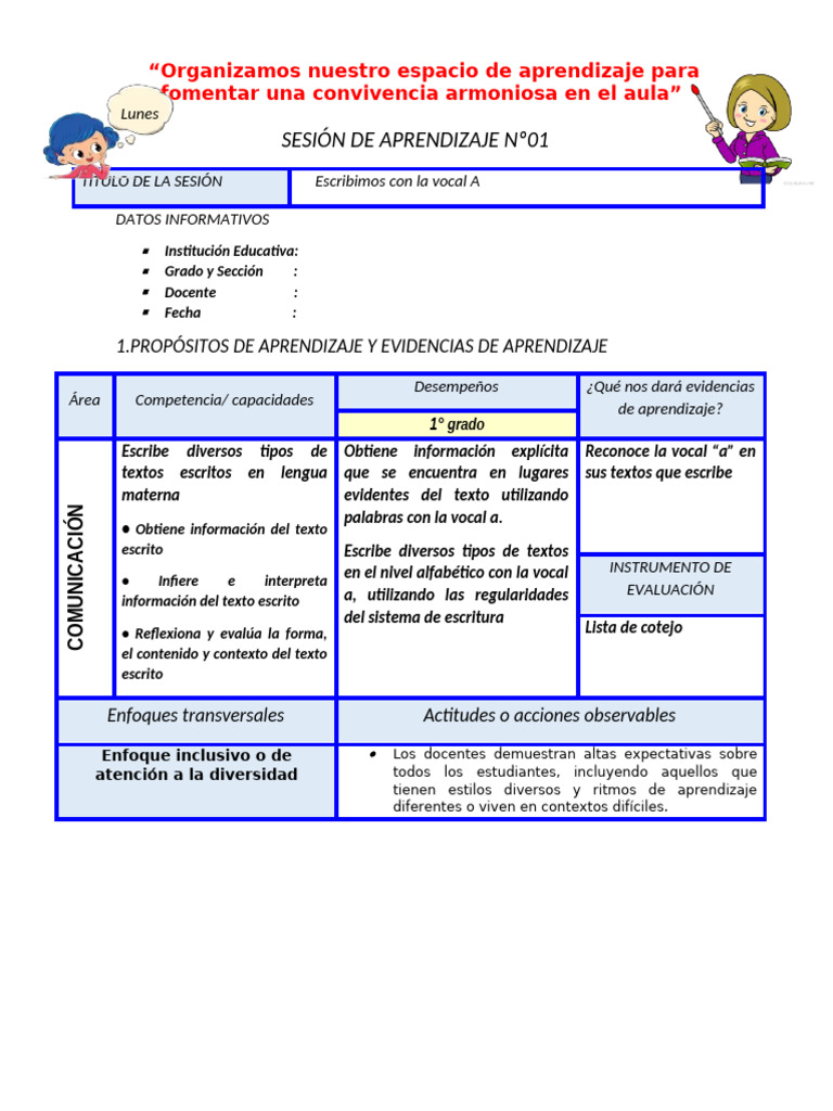 Aprendizaje de la Vocal A en el Aula | PDF | Aprendizaje | Salón de clases