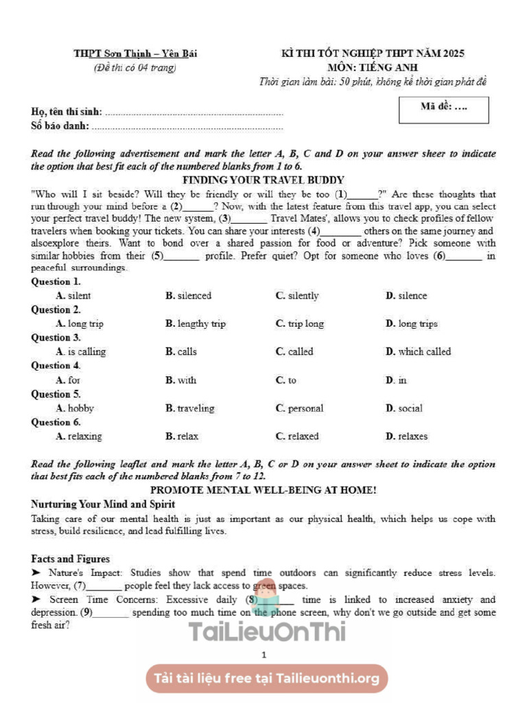 Đề TA 1 | PDF