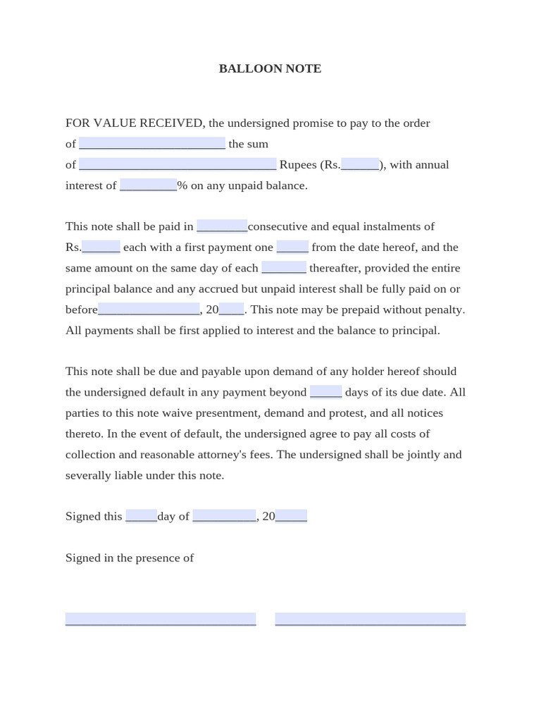 Balloon Note Payment Agreement Template | PDF