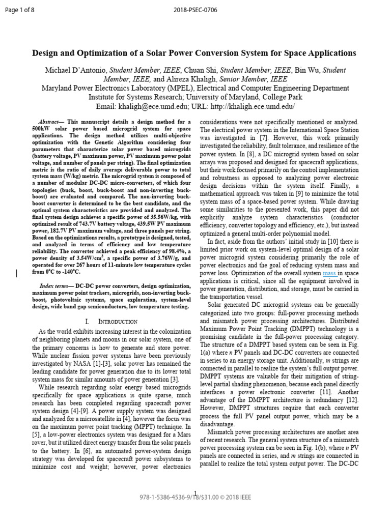 Design and Optimization of A Solar Power Conversion System For Space ...