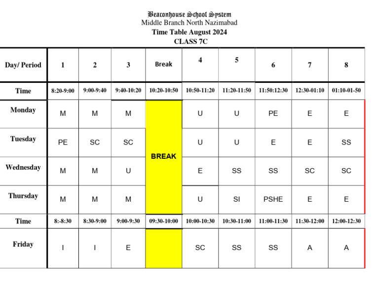 Class 7C Timetable August 2024 | PDF