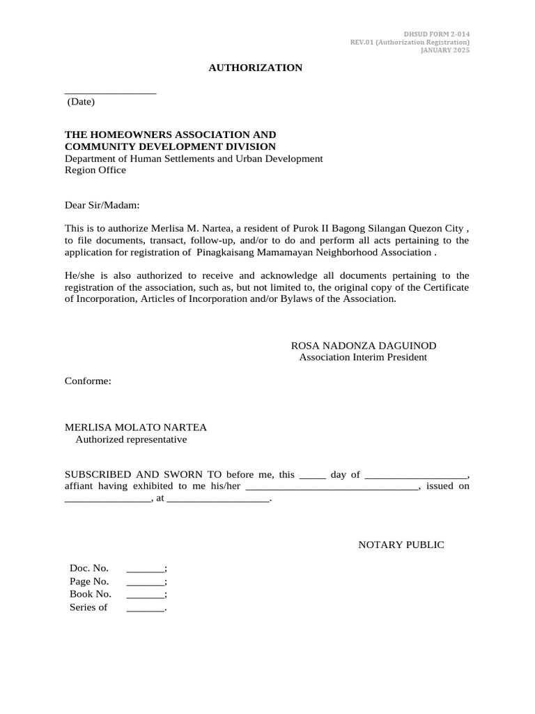 DHSUD Registration Authorization Form | PDF