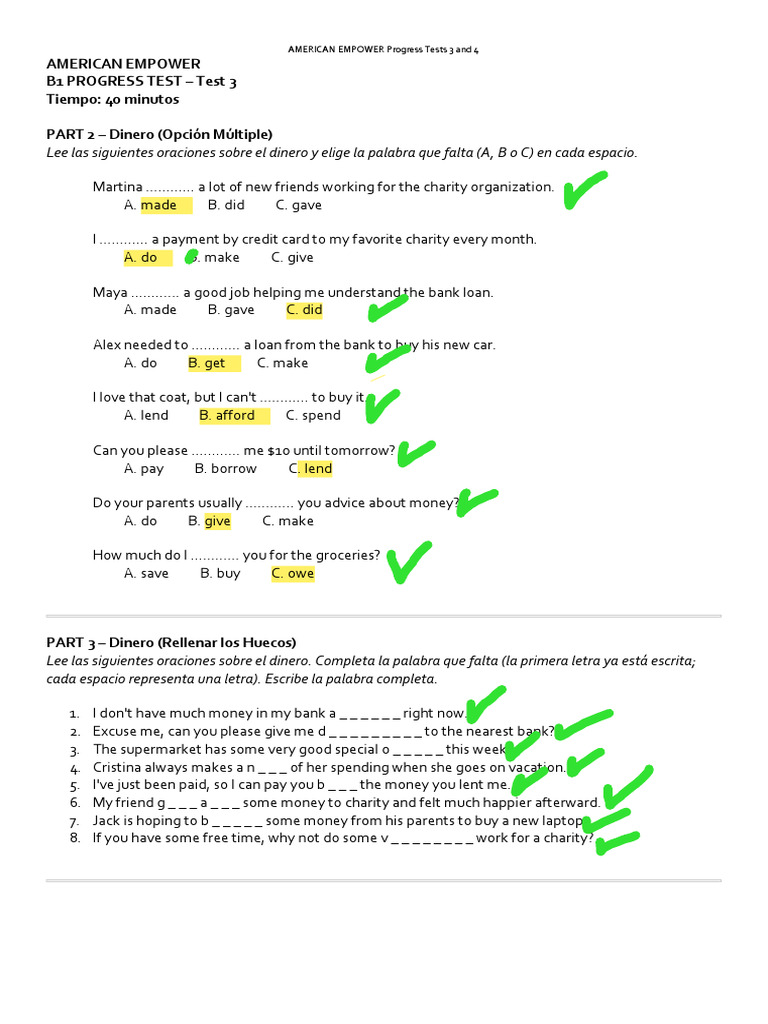 American Empower B1 Progress Tests | PDF | Money
