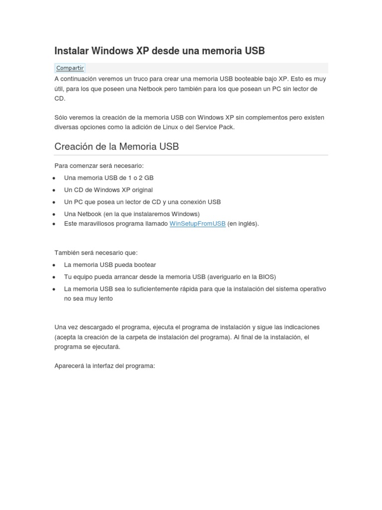 Instalar Windows XP desde USB | PDF | Memoria USB | Windows XP