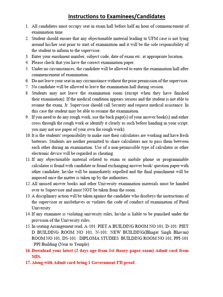 Exam Instructions for BTech Candidates | PDF