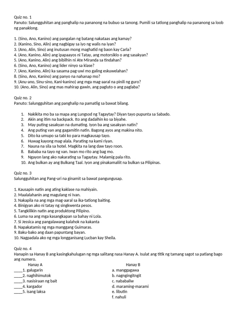 Quiz in Filipino | PDF