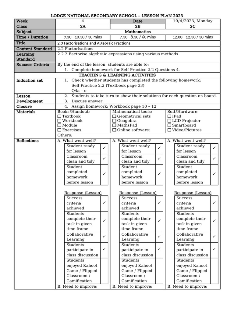 Week 4 (10042023 - 14042023) | PDF | Lesson Plan | Homework