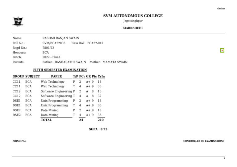 BCA Fifth Semester Marksheet 2022 | PDF