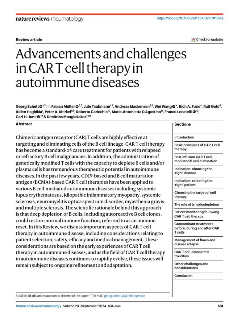 CAR T Cell Therapy in Autoimmunity | PDF | B Cell | T Cell