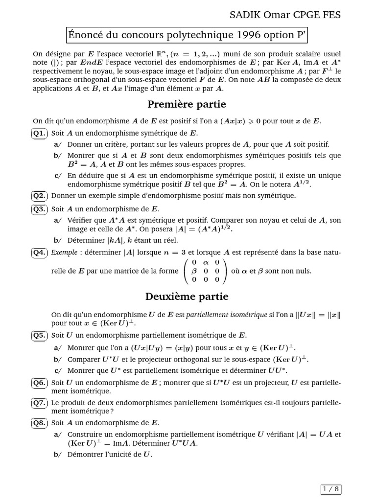 École Polytechnique 1996 PC Mathématiques 2 Da | PDF | Valeur propre ...