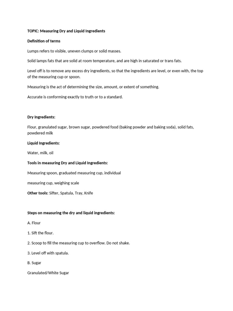Measuring Dry and Liquid Ingredients | PDF