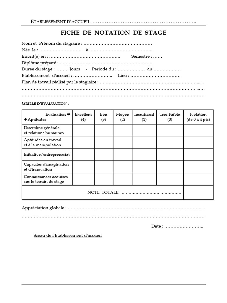 Fiche de Notation de Stage | PDF