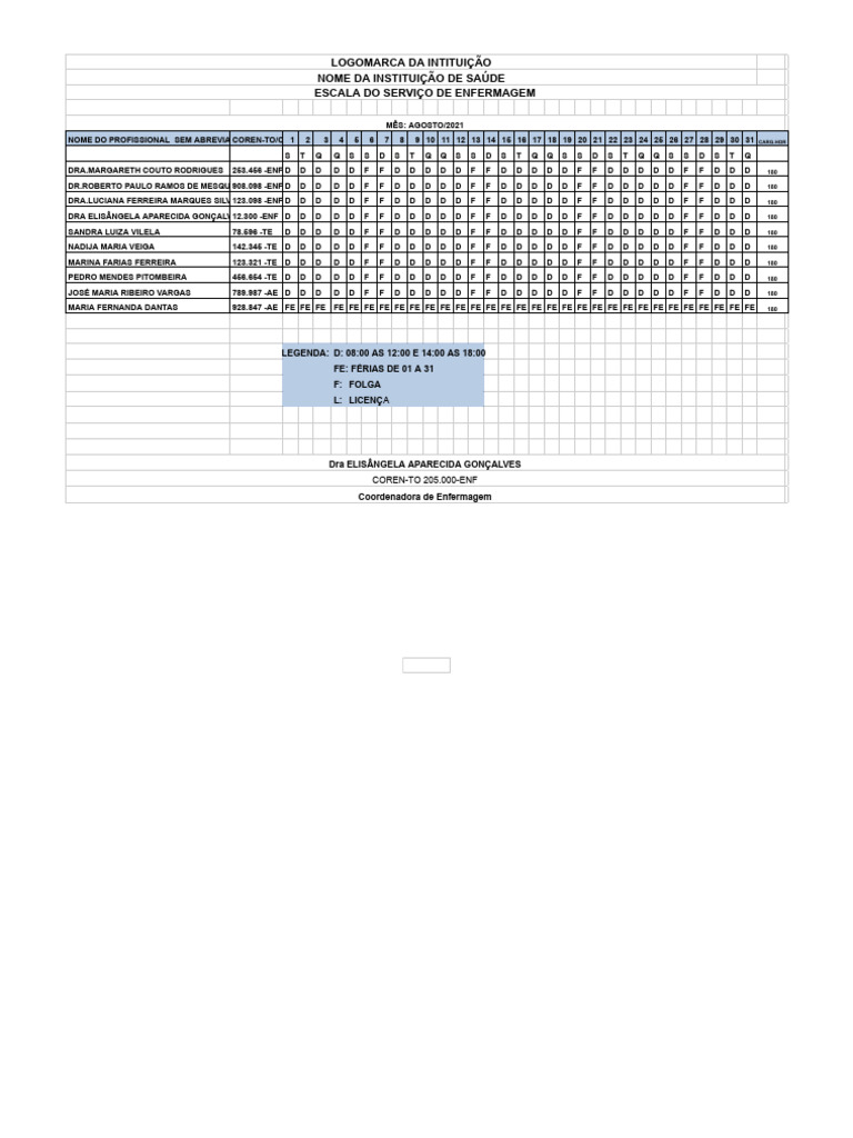 Escala Mensal de Enfermagem - Agosto 2021 | PDF