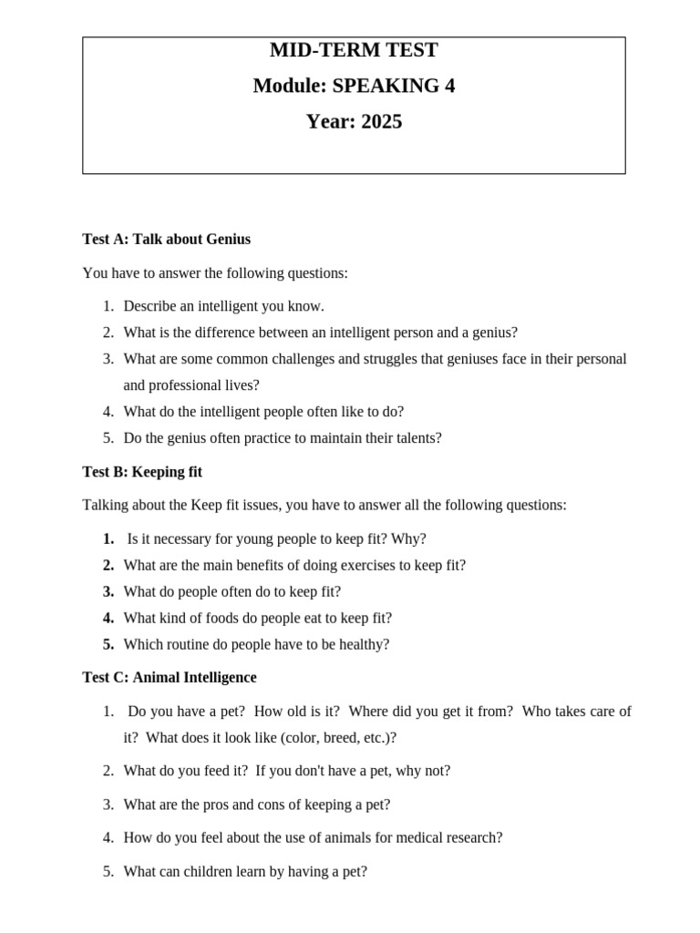 2025 Speaking 4 Mid Term Test Guide Pdf