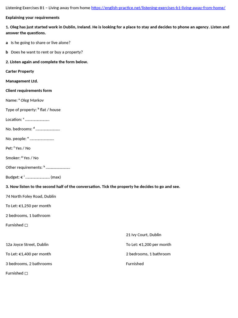 B1 Listening Exercises: Living Away | PDF