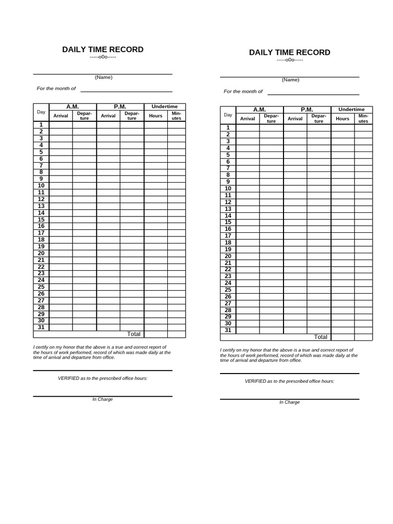 Monthly Employee Time Record Template | PDF