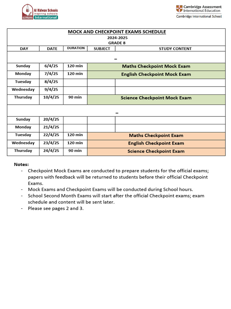 Grade 8 Mock Exam Schedule 2024-2025 | PDF