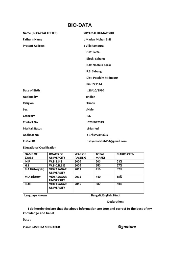 Shyamal Kumar Shit's Bio-Data Summary | PDF