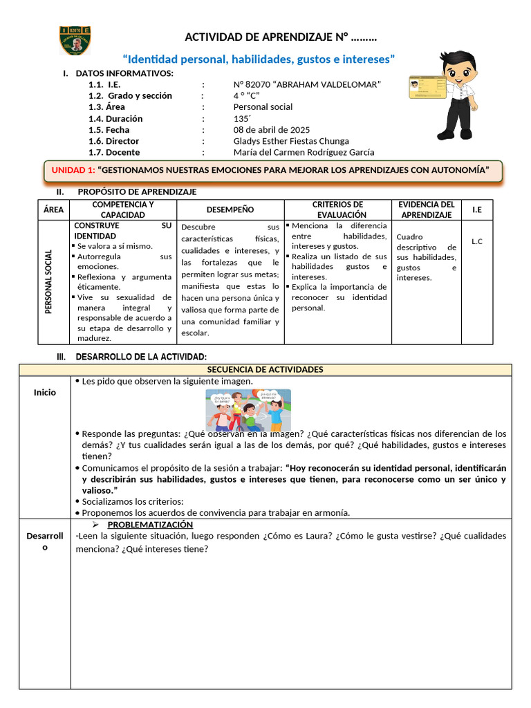 Identidad Personal y Habilidades en 4º C | PDF | Autoestima | Estética