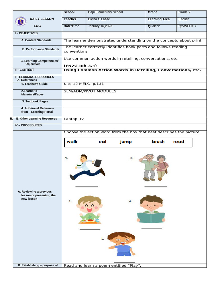 Grade 2 English Lesson on Action Words | PDF | Learning ...