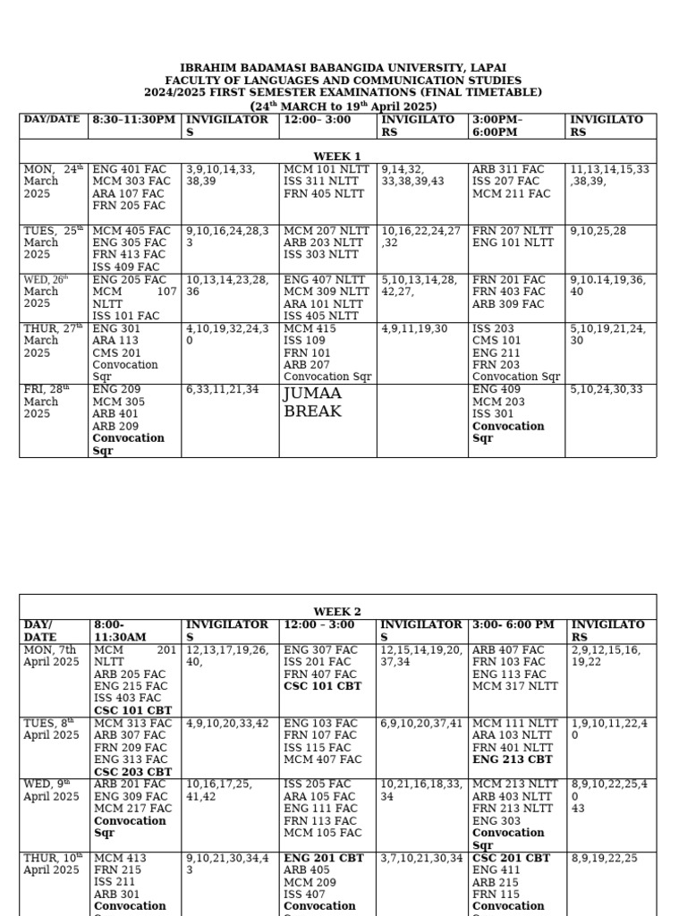 Students Version of Exam Time Table 2025-2 | PDF