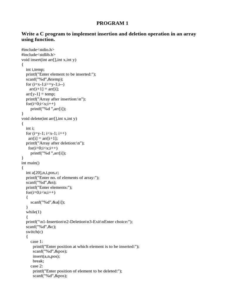 Program 1 Write A C Program To Implement Insertion and Deletion ...