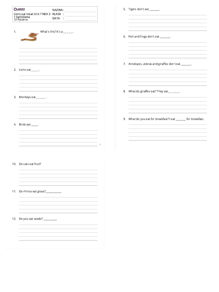 Lions Eat Meat: Unit 7 Worksheet | PDF
