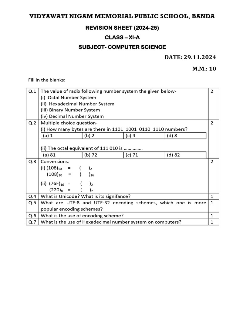 Class Xi Computer Science Dated 29-11-2024 | PDF