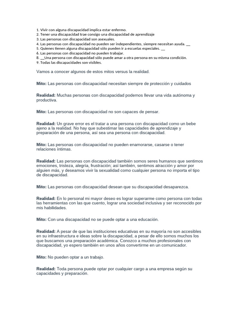 Mitos y realidades sobre la discapacidad | PDF