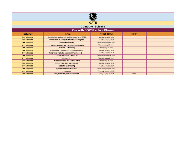 C++ OOPs Lecture Schedule 2024 | PDF