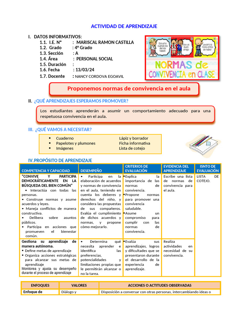 D3 A3 SESION PS. Proponemos Normas de Convivencia en El Aula | PDF ...