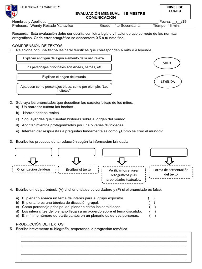 Evaluación Mensual de Comunicación 4to | PDF