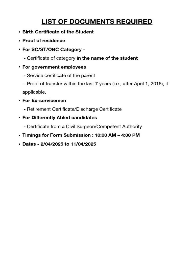 Required Documents for Admission 2025 | PDF