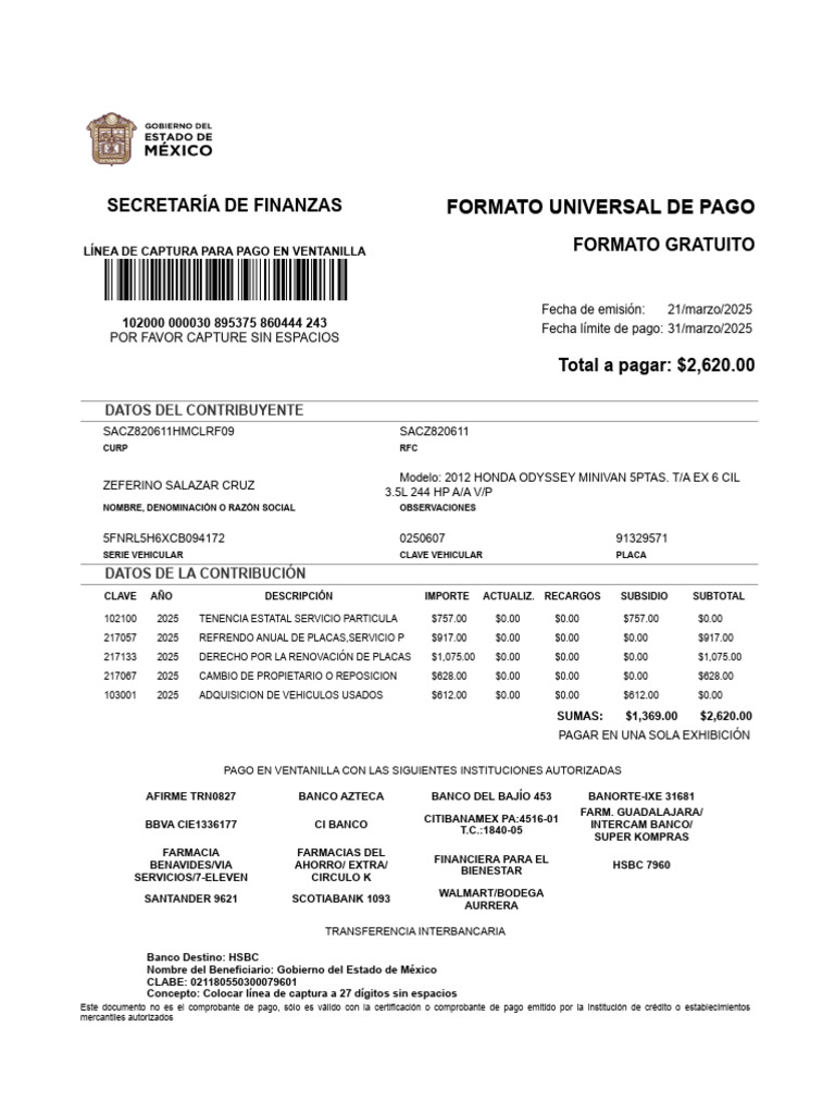 Formato Universal de Pago 2025 | PDF | Bancos | Economias