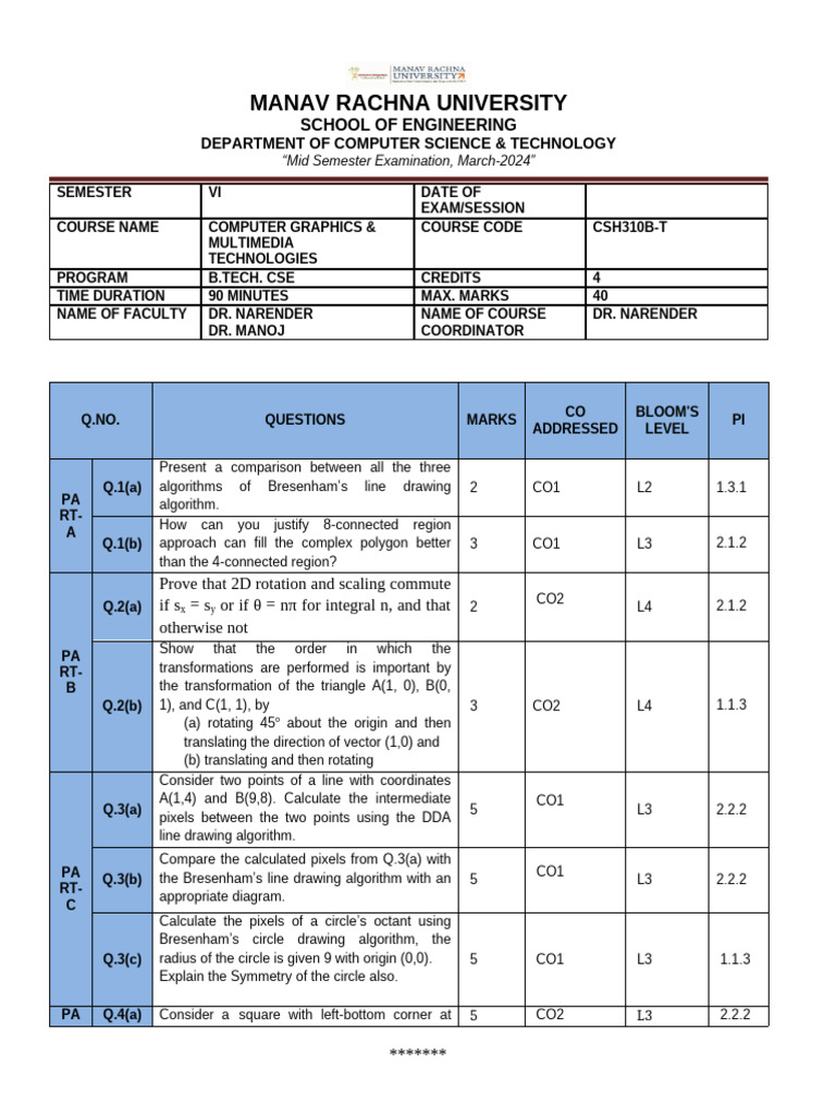 Mid Semester Exam: Computer Graphics CSH310B | PDF | Algorithms | Geometry