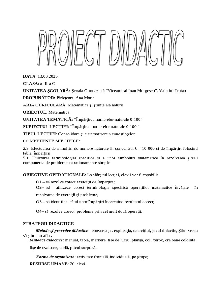 Proiect Matematica Consolidare Si Sistematizare | PDF
