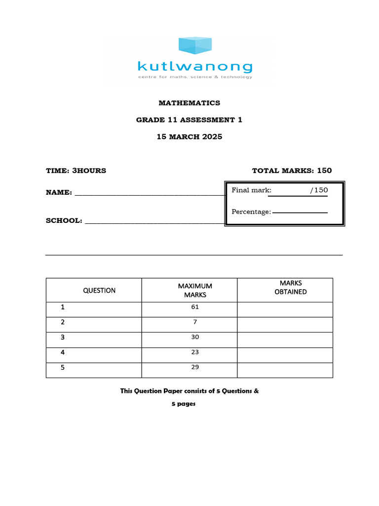 Grade 11 Math Assessment Paper | PDF | Equations | Mathematics